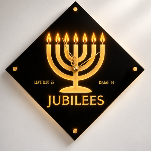 Jubilee Clock - Gold Menorah on black diamond-shaped acrylic wall clock